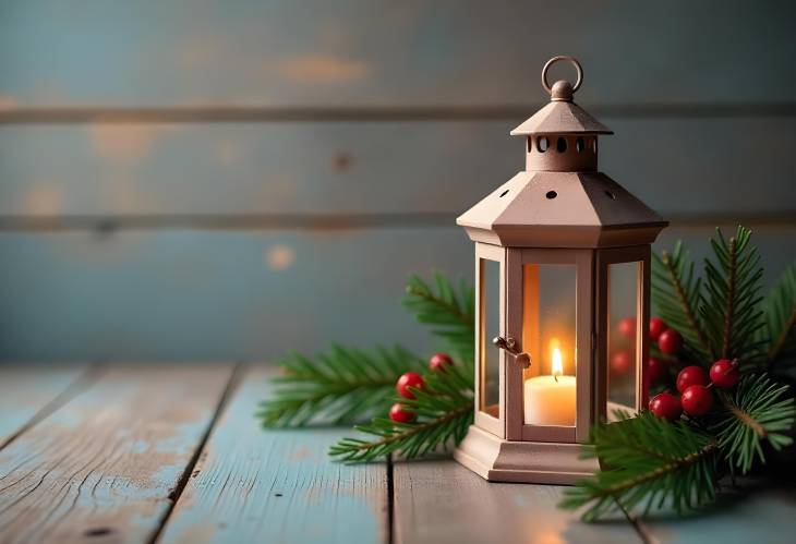 Rustic Christmas Lantern with Fir, Pinecones, and Berries on Shabby Wooden Background